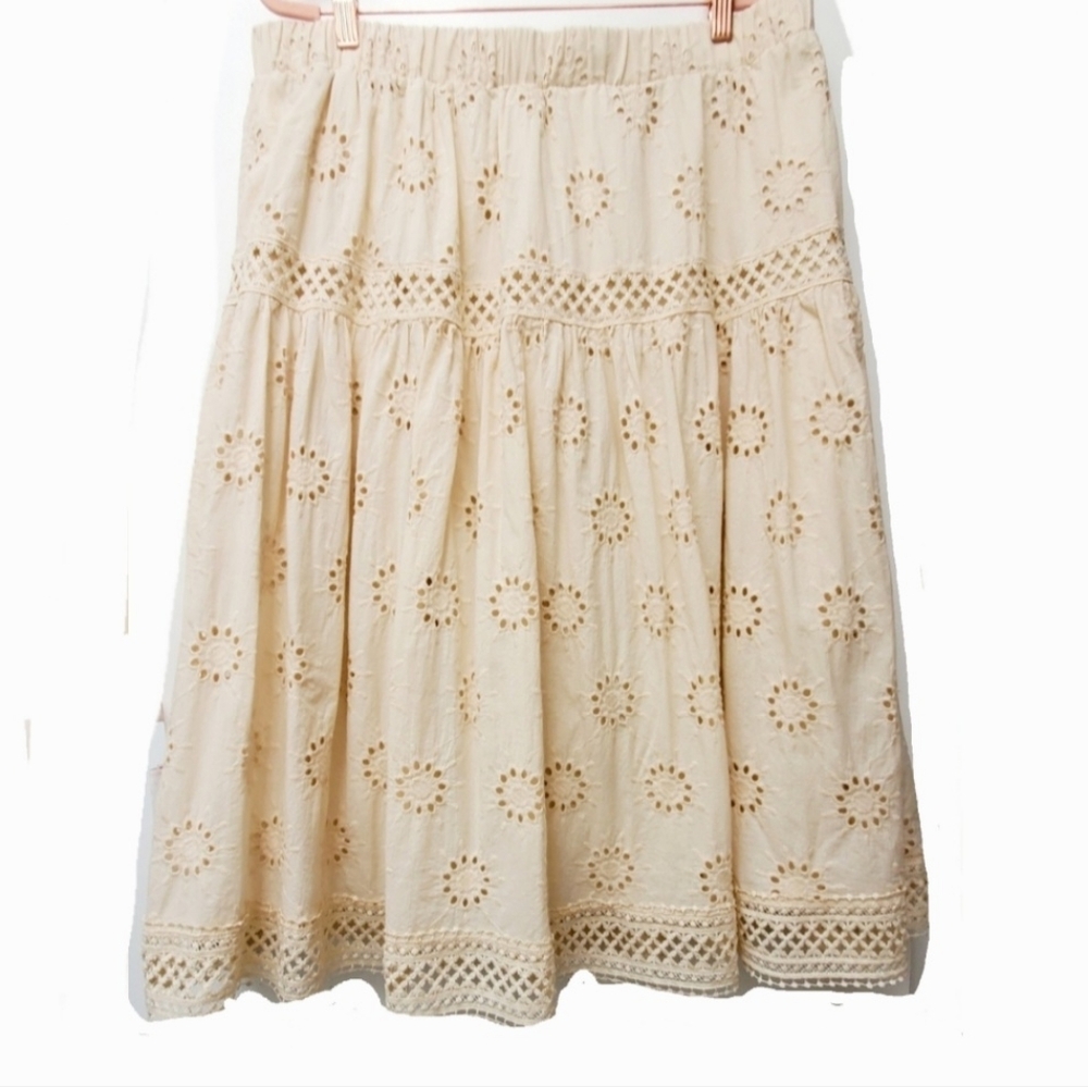 Ultra Pink Lace Eylet Elastic Waist 100% Cotton Skirt Beige Color Size XL - Picture 9 of 9